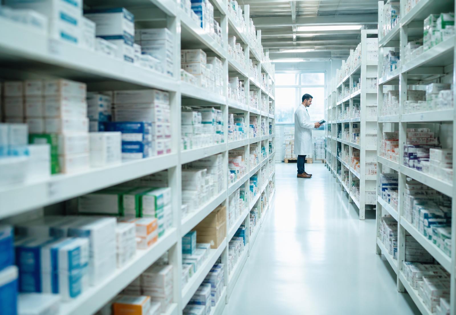 Magazyn hurtowni farmaceutycznej z uporządkowanymi opakowaniami leków